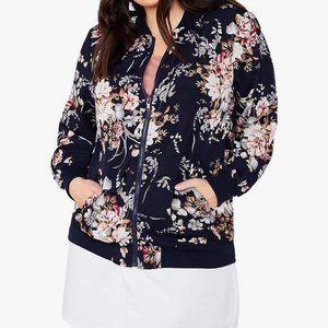 Plus Size Zip up Bomber Jacket - Navy Floral Print- Size 3X